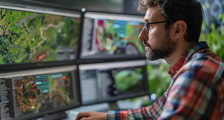 A male employee looks at several computer screens displaying different types of data