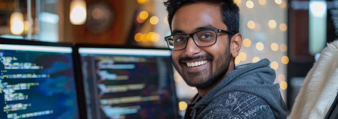 A man looks and smiles to camera with his computer monitors showing lines of code